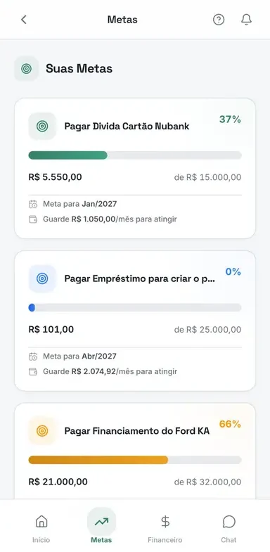 Tela Metas do app FlexWay